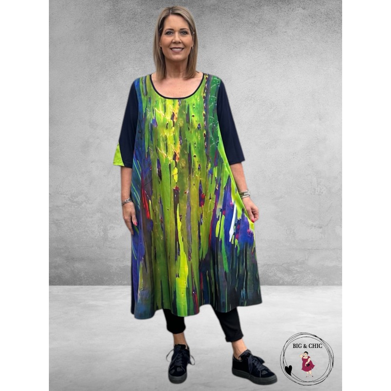 FRENZI Jurk Lang A-Lijn Blauw-Lime-Multi