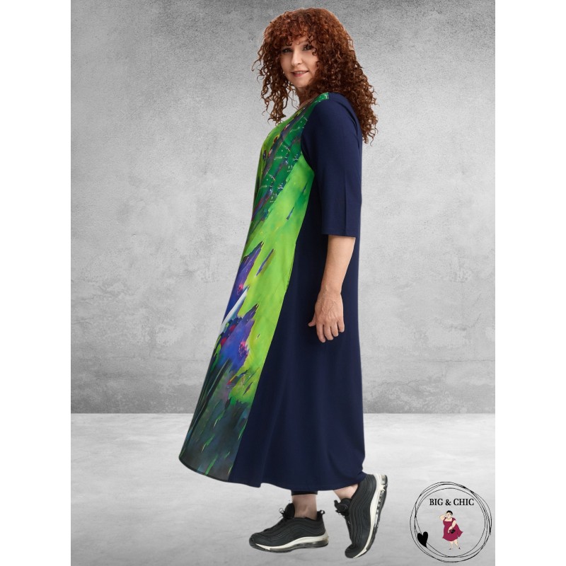 FRENZI Jurk Lang A-Lijn Blauw-Lime-Multi