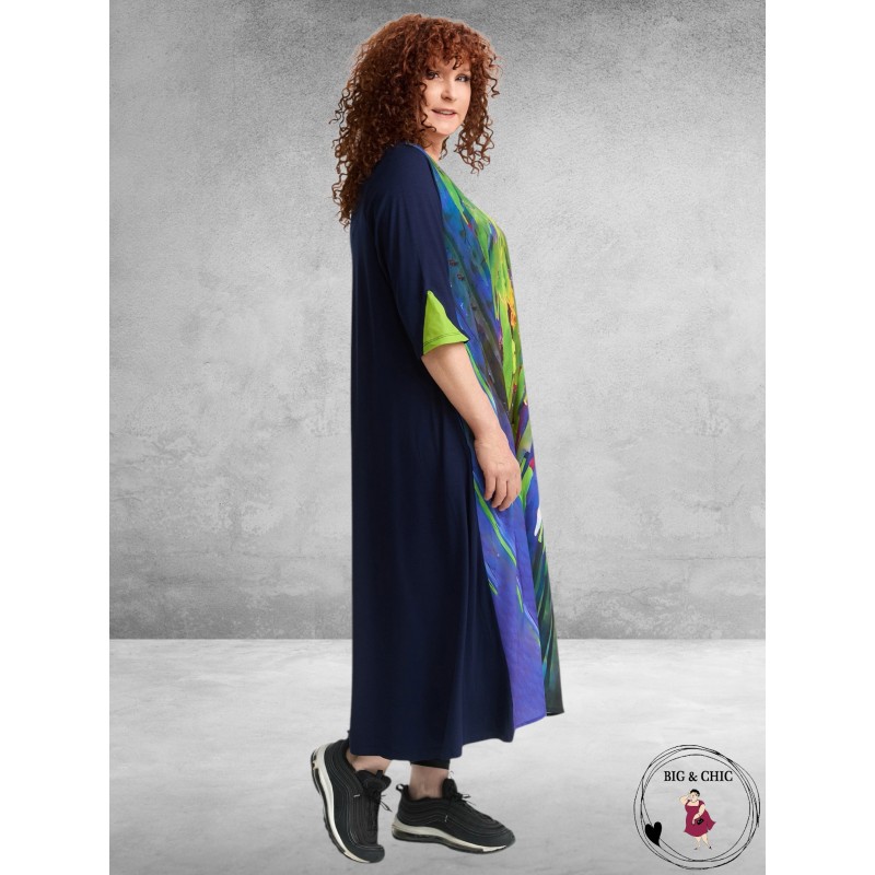 FRENZI Jurk Lang A-Lijn Blauw-Lime-Multi