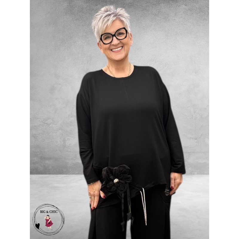 FRENZI Shirt Zwart Bloemapplicatie