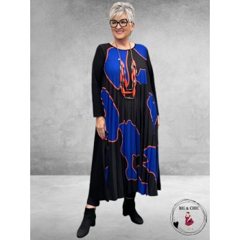 FRENZI Jurk Maxi  Plissé Zwart-Kobalt