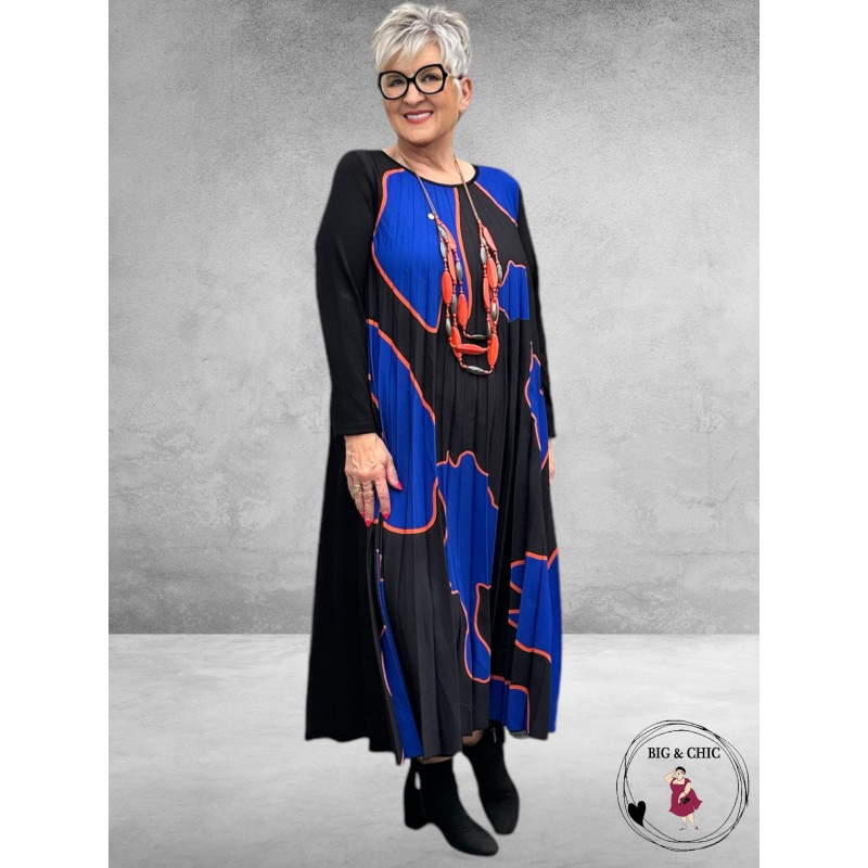 FRENZI Jurk Maxi  Plissé Zwart-Kobalt