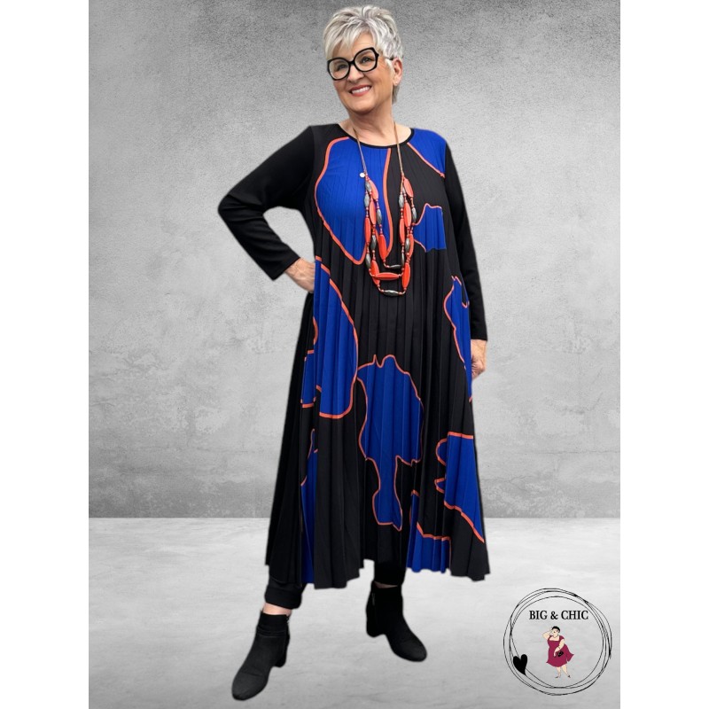 FRENZI Jurk Maxi  Plissé Zwart-Kobalt