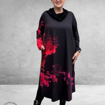 FRENZI Jurk Lang A-Lijn Zwart Vlam Print