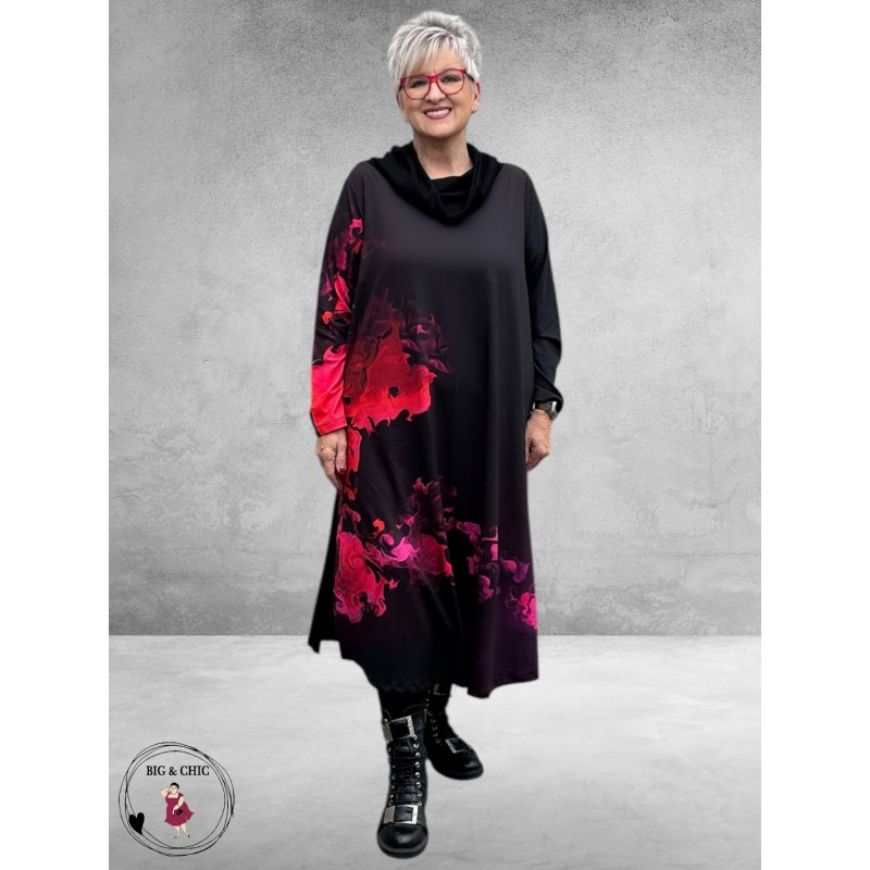 FRENZI Jurk Lang A-Lijn Zwart Vlam Print