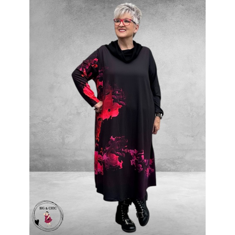 FRENZI Jurk Lang A-Lijn Zwart Vlam Print