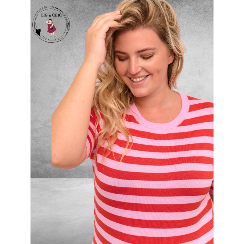 KAFFE CURVE Truitje MALIA  Pink Mist Gestreept