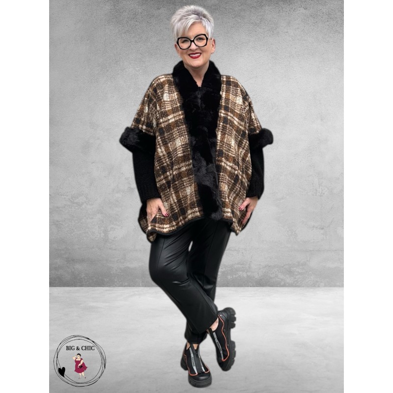 Y & D Poncho met Fake Fur Zwart-Bruin Multi