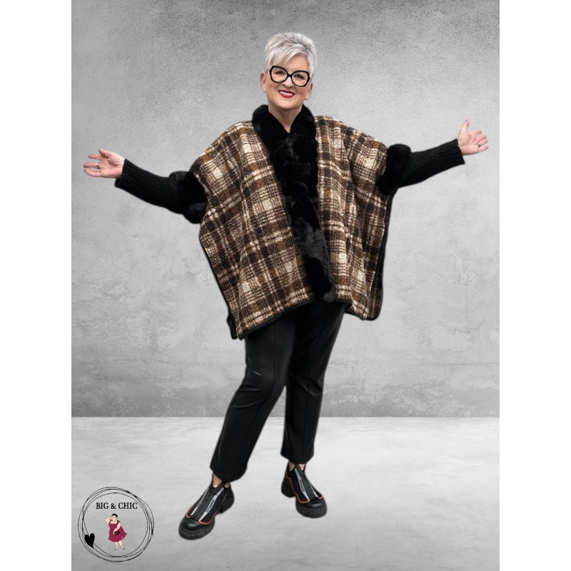 Y & D Poncho met Fake Fur Zwart-Bruin Multi