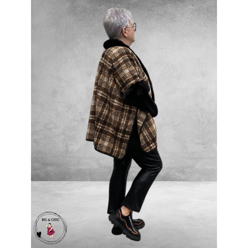 Y & D Poncho met Fake Fur Zwart-Bruin Multi
