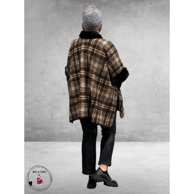Y & D Poncho met Fake Fur Zwart-Bruin Multi