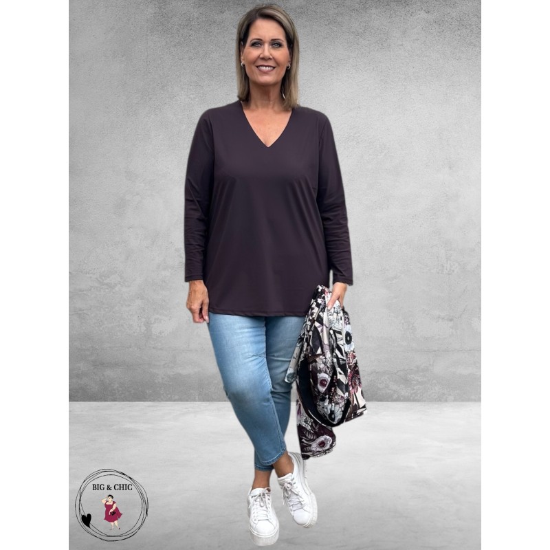 PLUS BASICS Shirt Tee V Slim Langmouw Mud